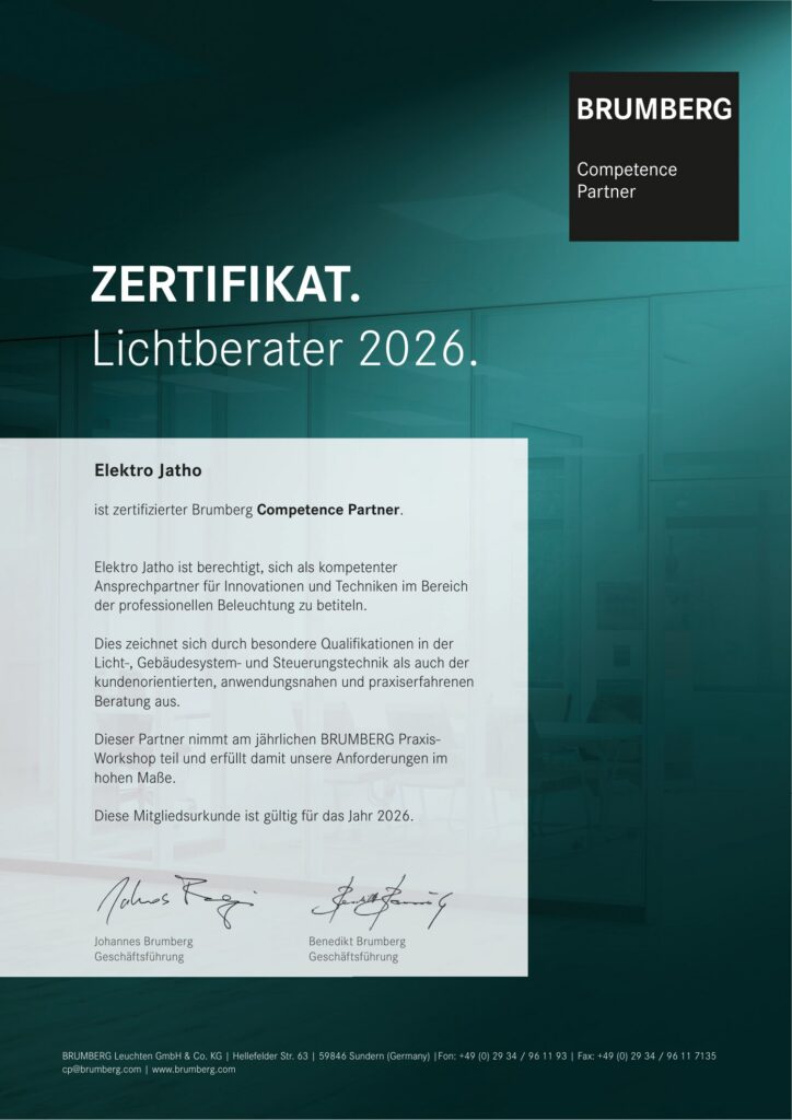 Zertifikat Lichtberater 2026: Elektro Jatho ist zertifizierter Brumberg Competence Partner